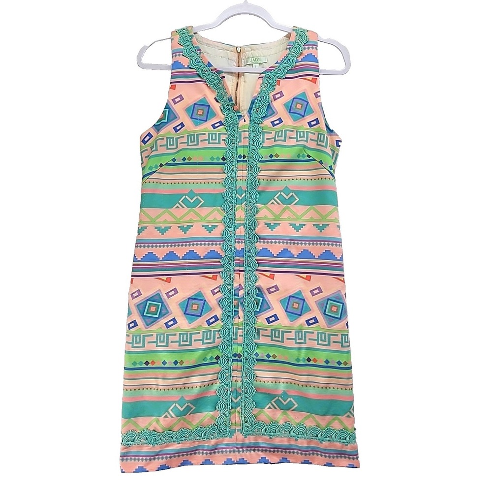 Jade Melody Tam Sheath Dress Peach and Teal Aztec Lace Sz Small